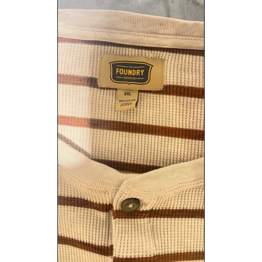 Foundry Supply Co Mens 3XL Henley Shirt Tan Brown Striped Waffle Thermal Cotton - Picture 3 of 11